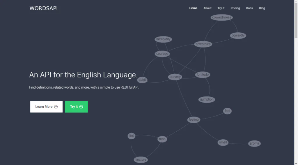 Print da tela inicial do site wordsAPI que exibe um grande grafo com termos e suas correlações.