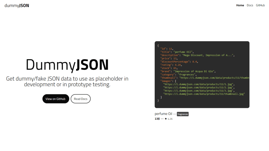 Print da Tela principal do site DummyJSON que exibe um JSON de exemplo.