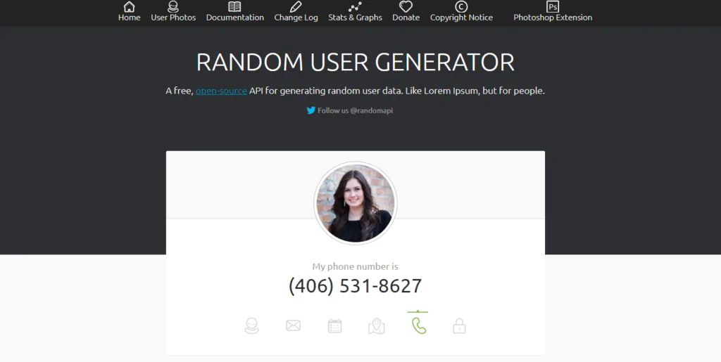 Print da tela inicial do site Random User com a imagem de uma mulher gerada automaticamente com o número de telefone dela.