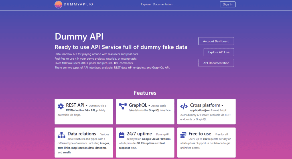 Print da tela inicial do site Dummy API. 
