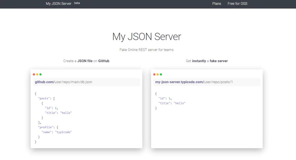 Tela inicial do site JsonPlaceholder mostrando mais especificamente o JSON Server.