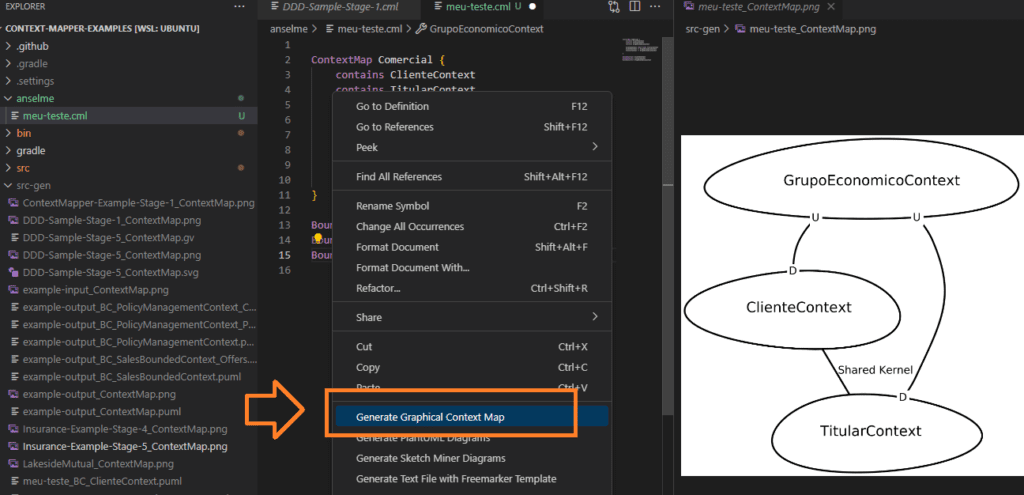 Utilizando o Context Mapper no VSCode para gerar um mapa no formato PNG através do comando 'Generate Graphical Context Map'