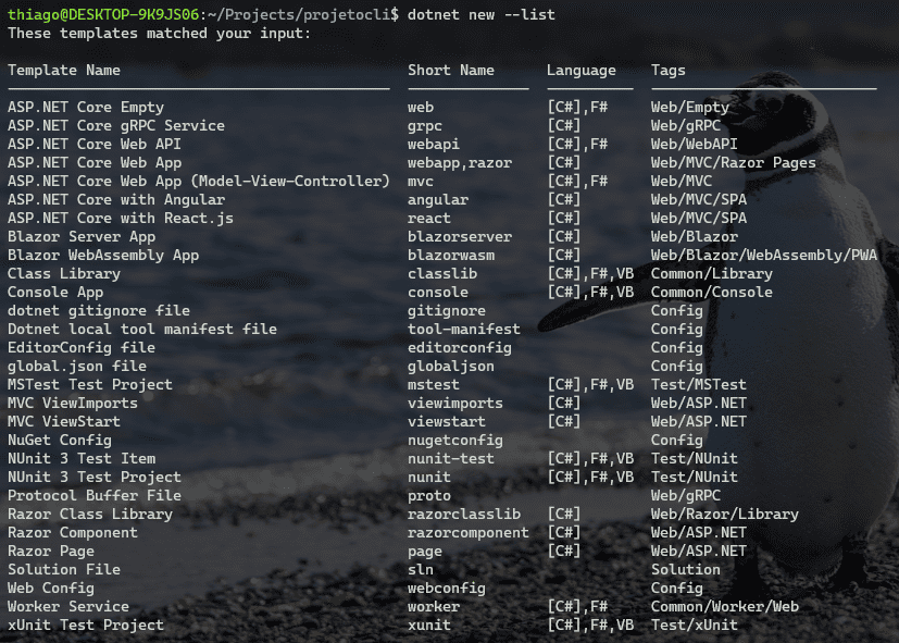 Tela de exemplo do uso do comando dotnet new --list, que exibe todos os templates de projeto disponíveis.