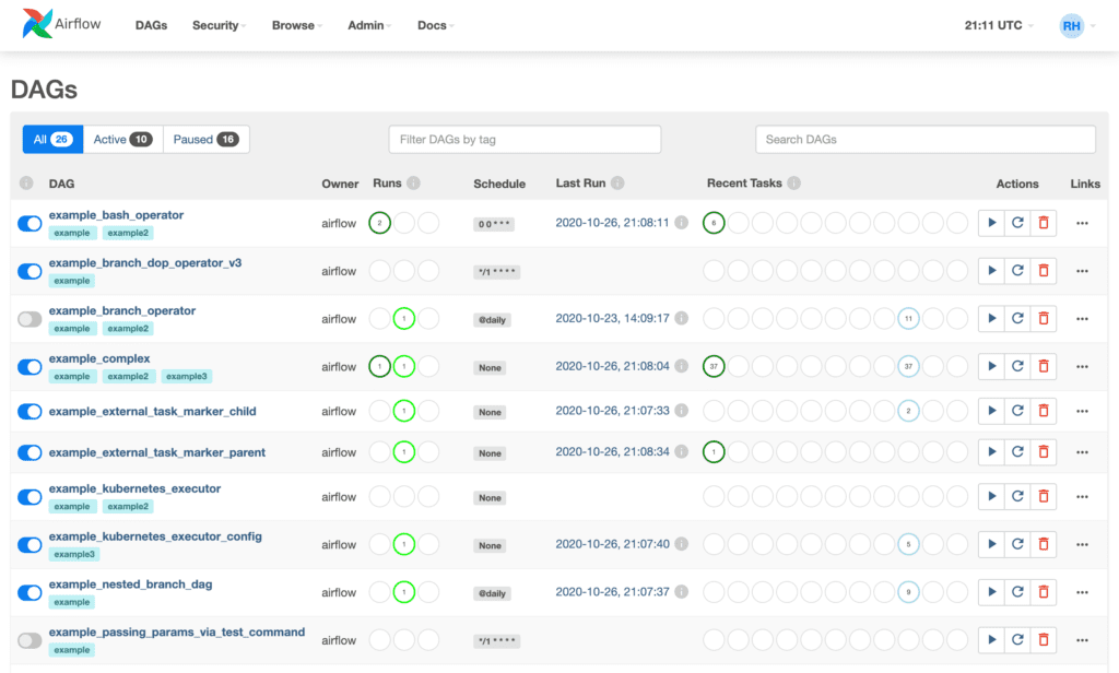 Exemplo da tela do Apache Airflow mostrando uma lista com diversas DAGs