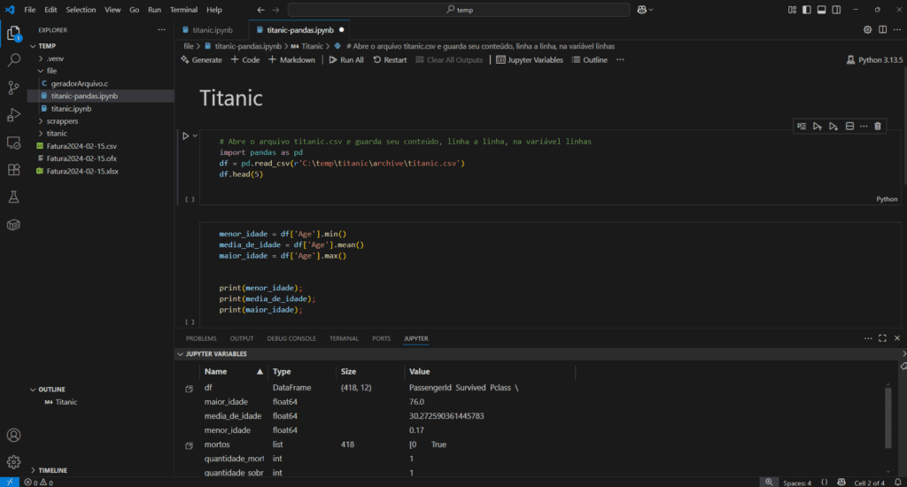 Imagem do Titanic Dataset no VS Code usando o Jupyter Notebook